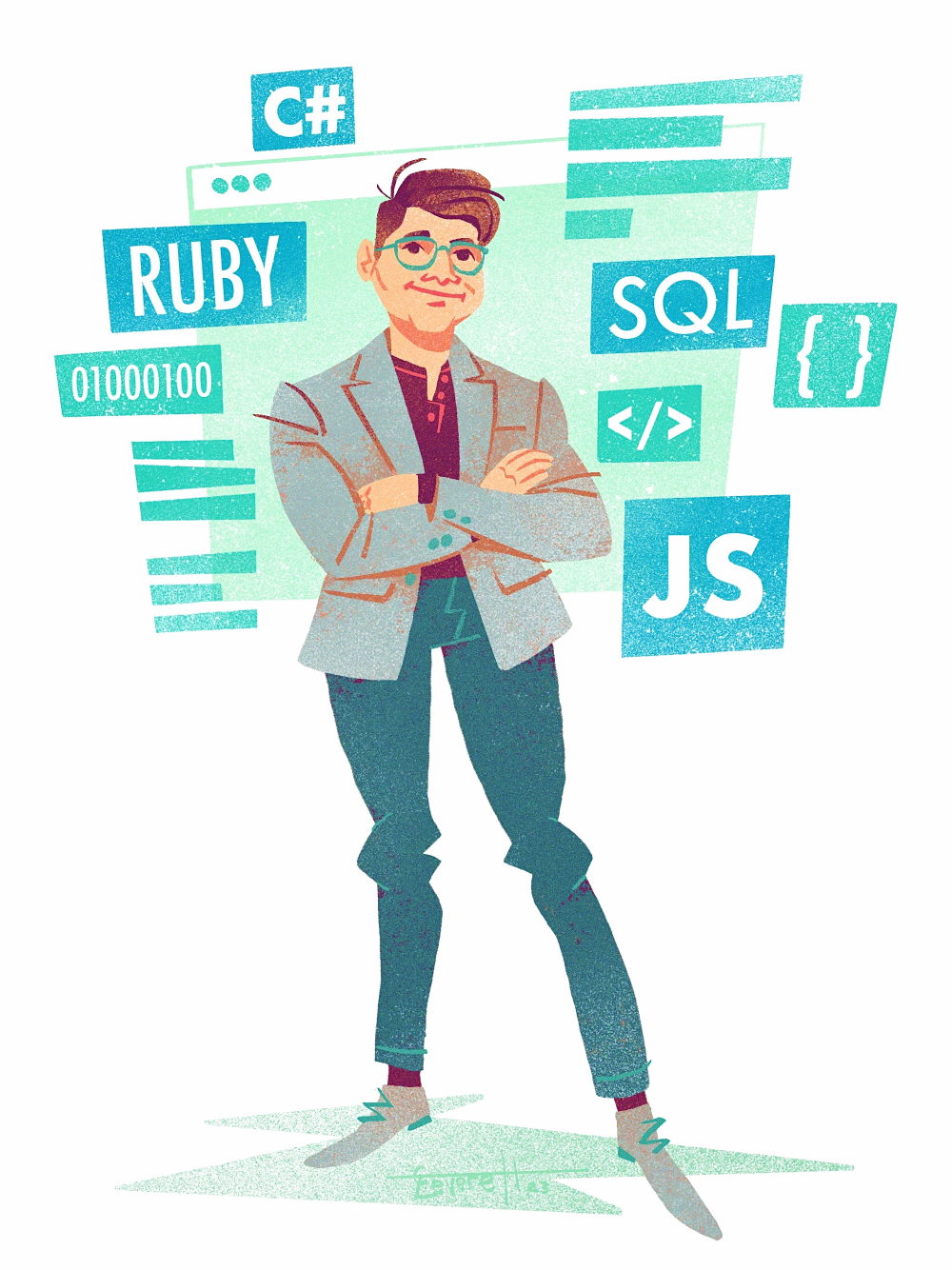 Illustrated portrait of Dave Ryan surrounded by programming language logos